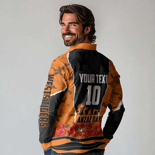 Personalized Wests Tigers ANZAC Tribute Long Sleeve Polo Shirt Poppy Field Soldier Silhouette Aboriginal Rugby Mascot