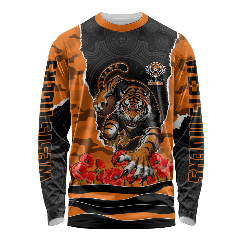 Personalized Wests Tigers ANZAC Tribute Long Sleeve Shirt Poppy Field Soldier Silhouette Aboriginal Rugby Mascot