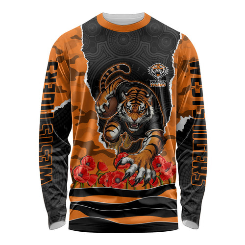Personalized Wests Tigers ANZAC Tribute Long Sleeve Shirt Poppy Field Soldier Silhouette Aboriginal Rugby Mascot