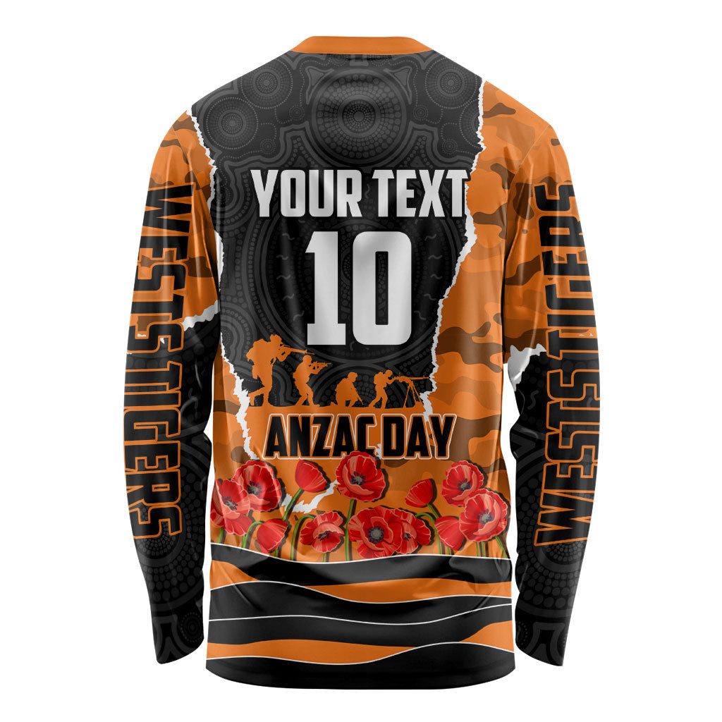Personalized Wests Tigers ANZAC Tribute Long Sleeve Shirt Poppy Field Soldier Silhouette Aboriginal Rugby Mascot