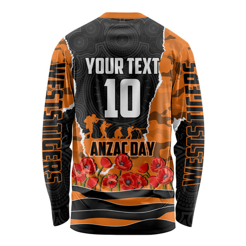 Personalized Wests Tigers ANZAC Tribute Long Sleeve Shirt Poppy Field Soldier Silhouette Aboriginal Rugby Mascot