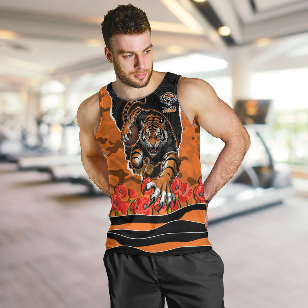 Personalized Wests Tigers ANZAC Tribute Men Tank Top Poppy Field Soldier Silhouette Aboriginal Rugby Mascot