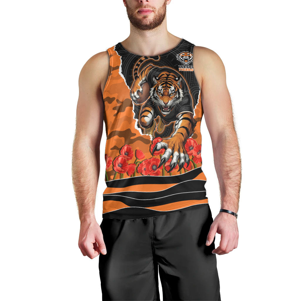 Personalized Wests Tigers ANZAC Tribute Men Tank Top Poppy Field Soldier Silhouette Aboriginal Rugby Mascot