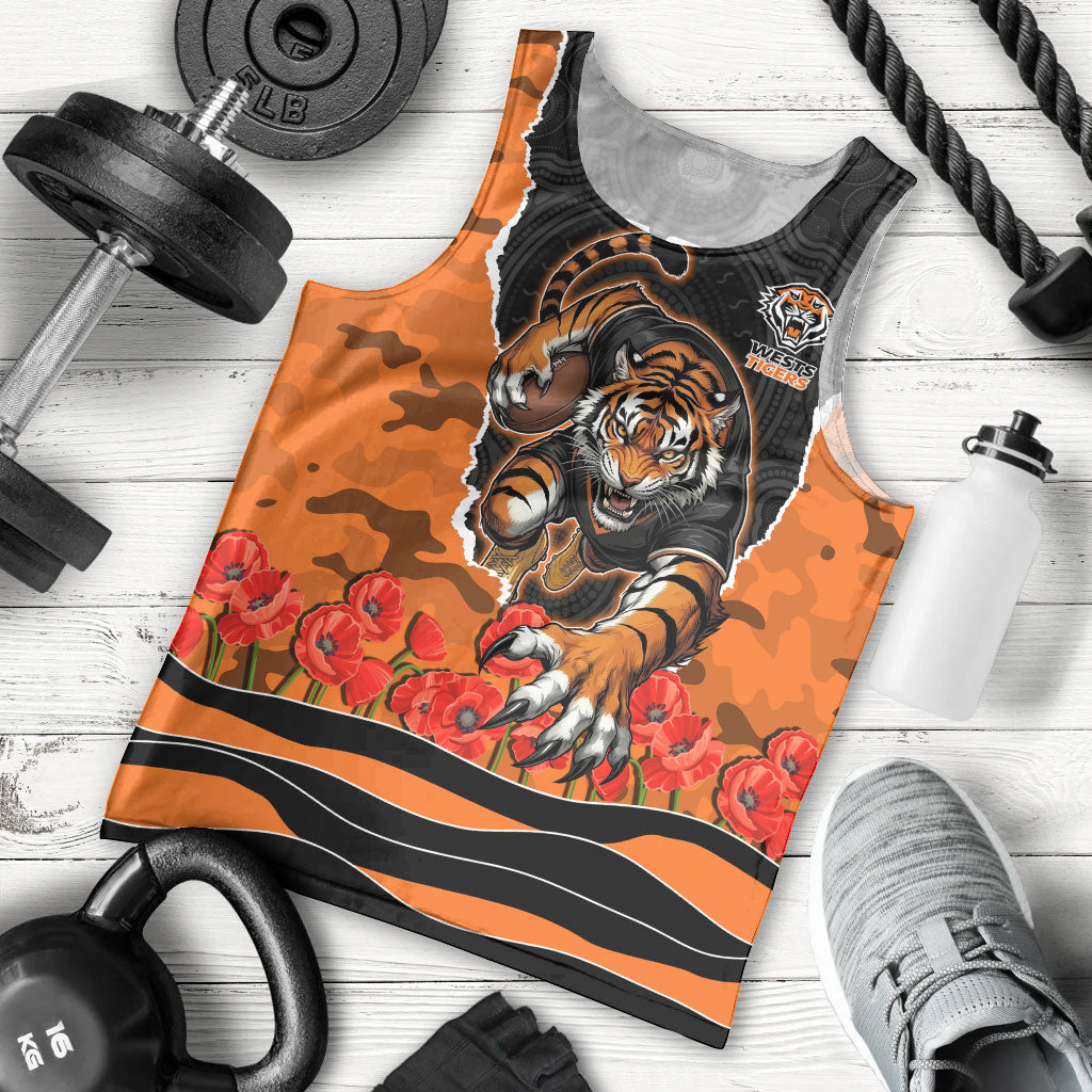 Personalized Wests Tigers ANZAC Tribute Men Tank Top Poppy Field Soldier Silhouette Aboriginal Rugby Mascot