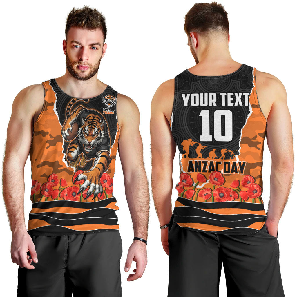 Personalized Wests Tigers ANZAC Tribute Men Tank Top Poppy Field Soldier Silhouette Aboriginal Rugby Mascot