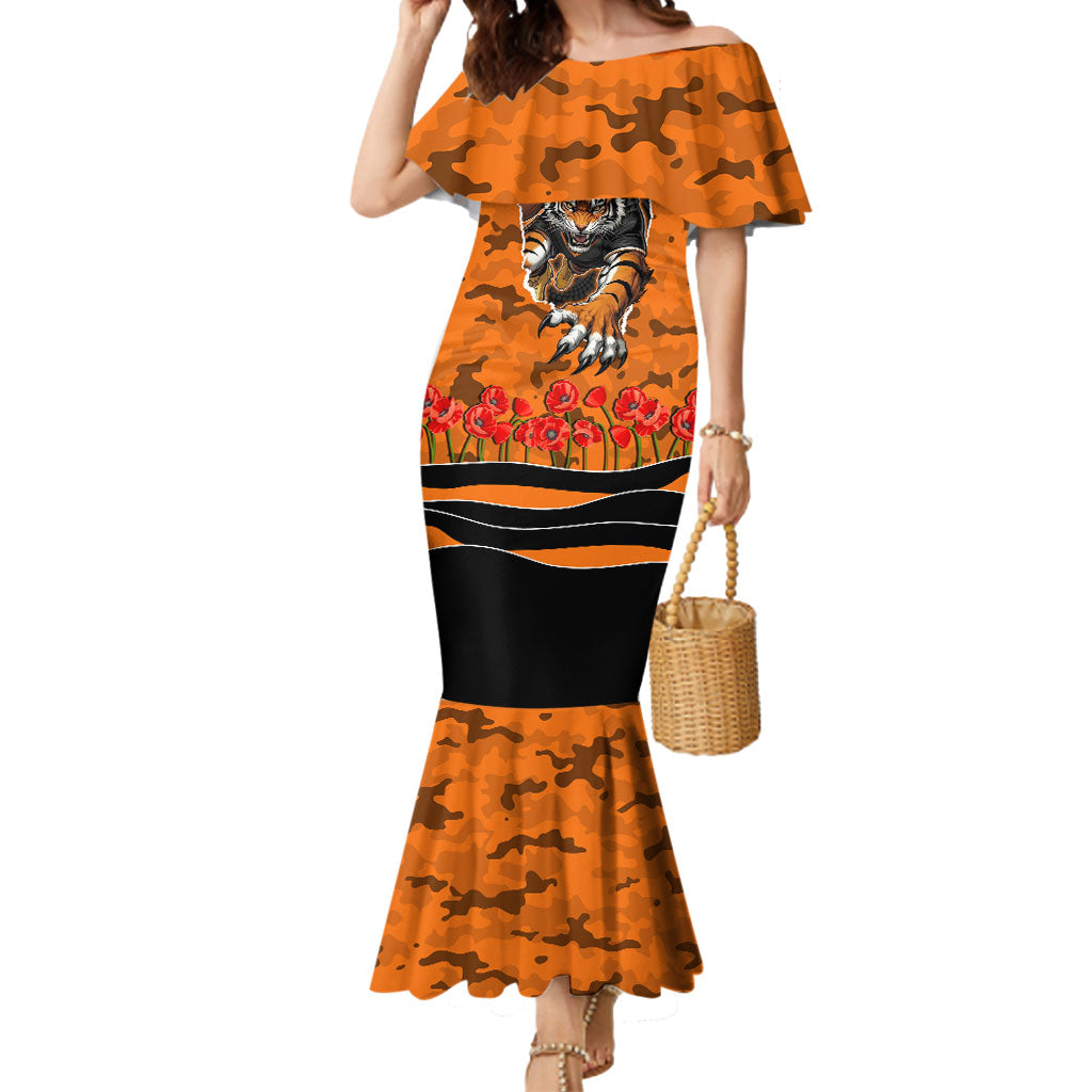 Personalized Wests Tigers ANZAC Tribute Mermaid Dress Poppy Field Soldier Silhouette Aboriginal Rugby Mascot