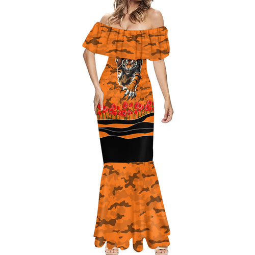Personalized Wests Tigers ANZAC Tribute Mermaid Dress Poppy Field Soldier Silhouette Aboriginal Rugby Mascot