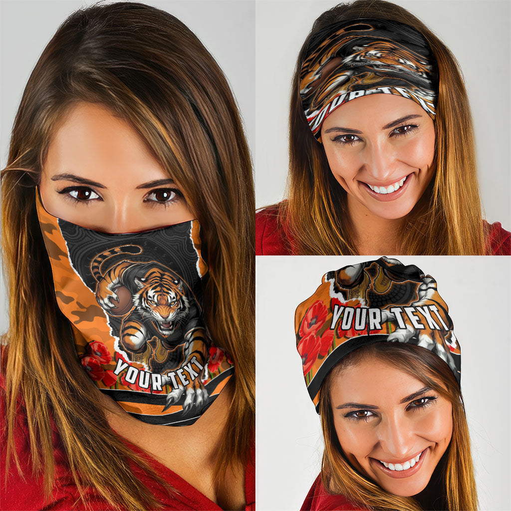 Personalized Wests Tigers ANZAC Tribute Neck Gaiter Poppy Field Soldier Silhouette Aboriginal Rugby Mascot