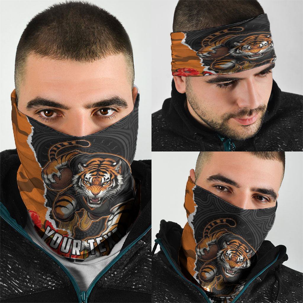 Personalized Wests Tigers ANZAC Tribute Neck Gaiter Poppy Field Soldier Silhouette Aboriginal Rugby Mascot