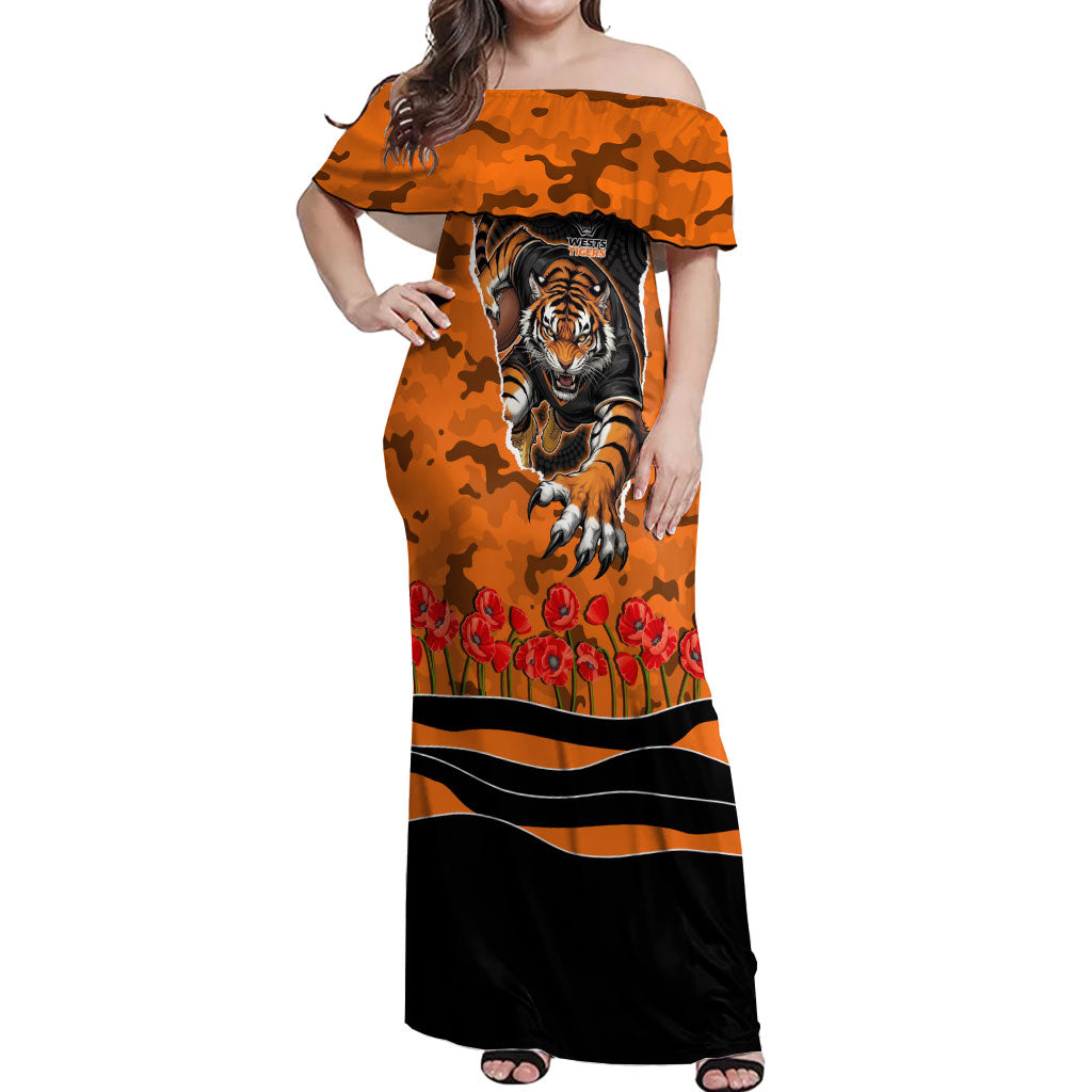 Personalized Wests Tigers ANZAC Tribute Off Shoulder Maxi Dress Poppy Field Soldier Silhouette Aboriginal Rugby Mascot