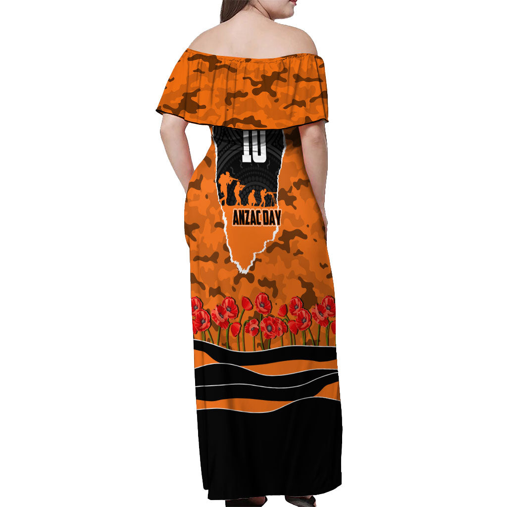 Personalized Wests Tigers ANZAC Tribute Off Shoulder Maxi Dress Poppy Field Soldier Silhouette Aboriginal Rugby Mascot