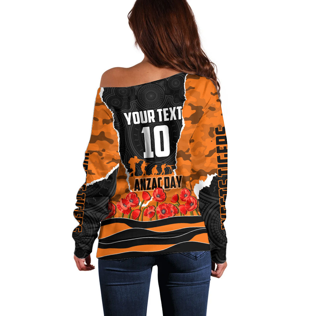 Personalized Wests Tigers ANZAC Tribute Off Shoulder Sweater Poppy Field Soldier Silhouette Aboriginal Rugby Mascot