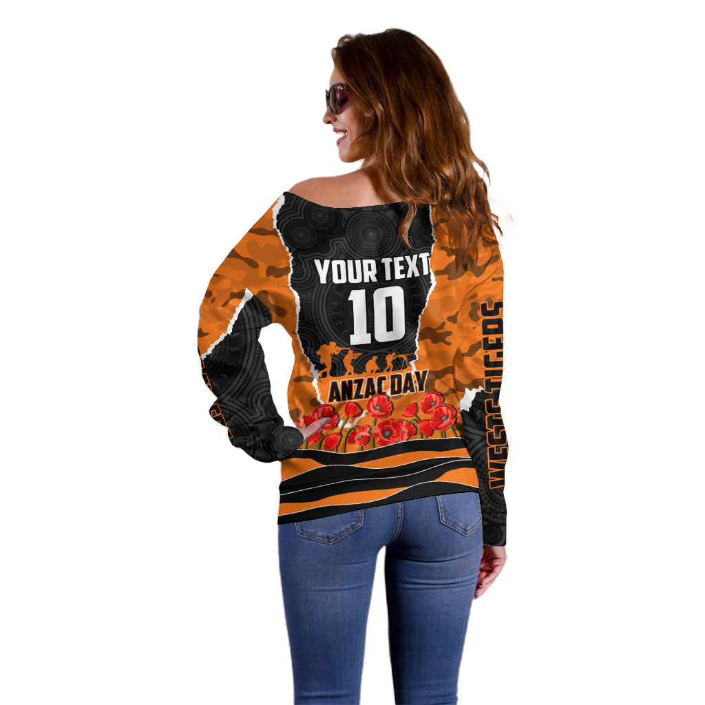 Personalized Wests Tigers ANZAC Tribute Off Shoulder Sweater Poppy Field Soldier Silhouette Aboriginal Rugby Mascot