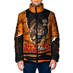 Personalized Wests Tigers ANZAC Tribute Padded Jacket Poppy Field Soldier Silhouette Aboriginal Rugby Mascot