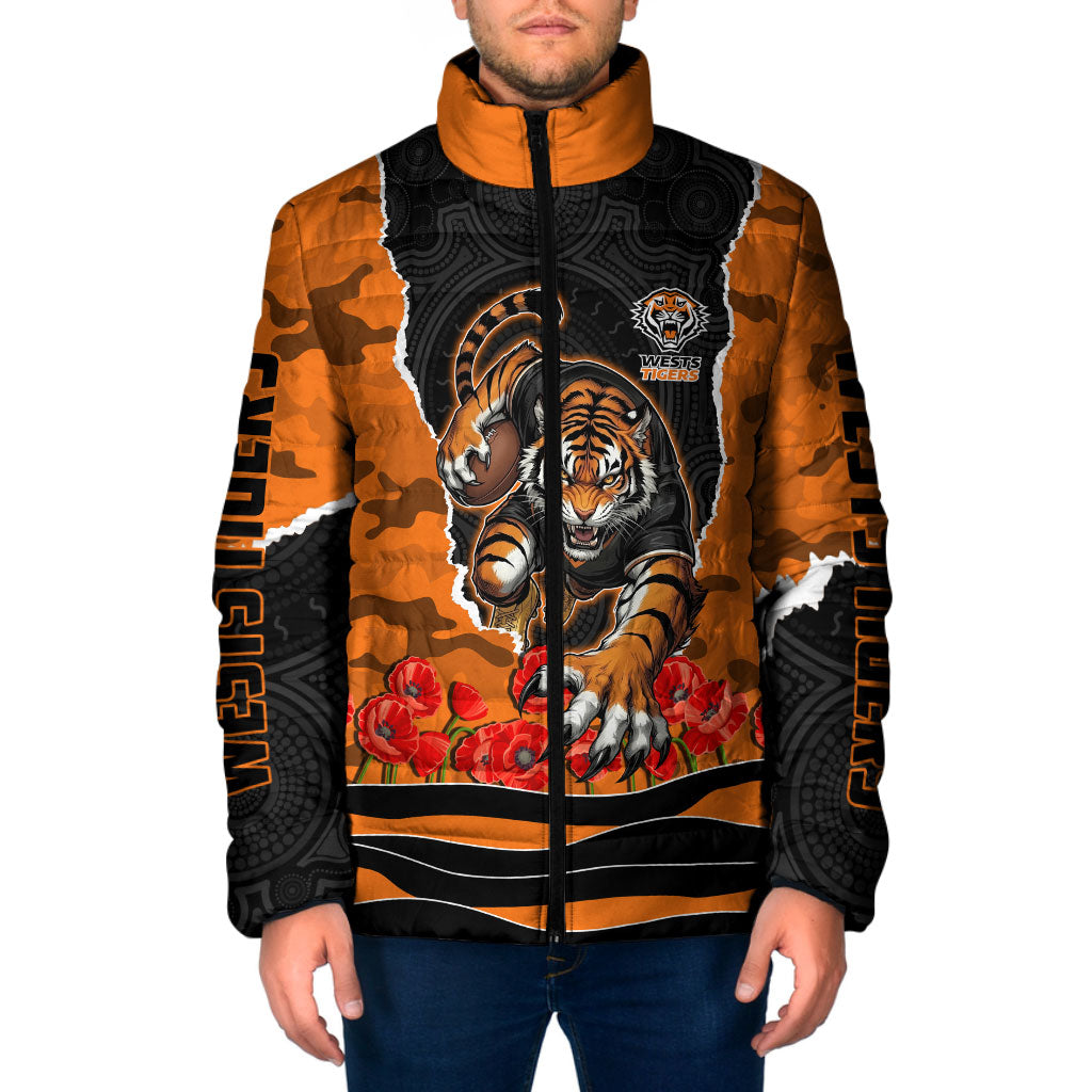 Personalized Wests Tigers ANZAC Tribute Padded Jacket Poppy Field Soldier Silhouette Aboriginal Rugby Mascot
