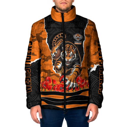 Personalized Wests Tigers ANZAC Tribute Padded Jacket Poppy Field Soldier Silhouette Aboriginal Rugby Mascot