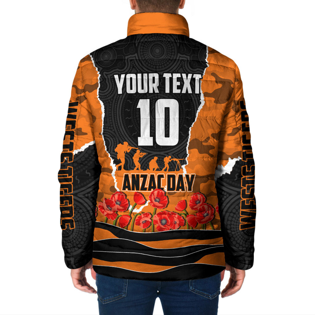 Personalized Wests Tigers ANZAC Tribute Padded Jacket Poppy Field Soldier Silhouette Aboriginal Rugby Mascot