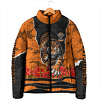 Personalized Wests Tigers ANZAC Tribute Padded Jacket Poppy Field Soldier Silhouette Aboriginal Rugby Mascot