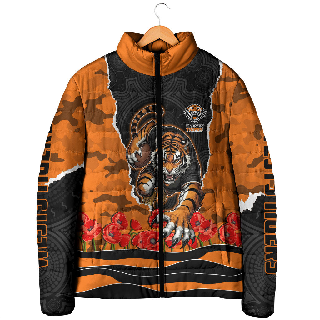 Personalized Wests Tigers ANZAC Tribute Padded Jacket Poppy Field Soldier Silhouette Aboriginal Rugby Mascot