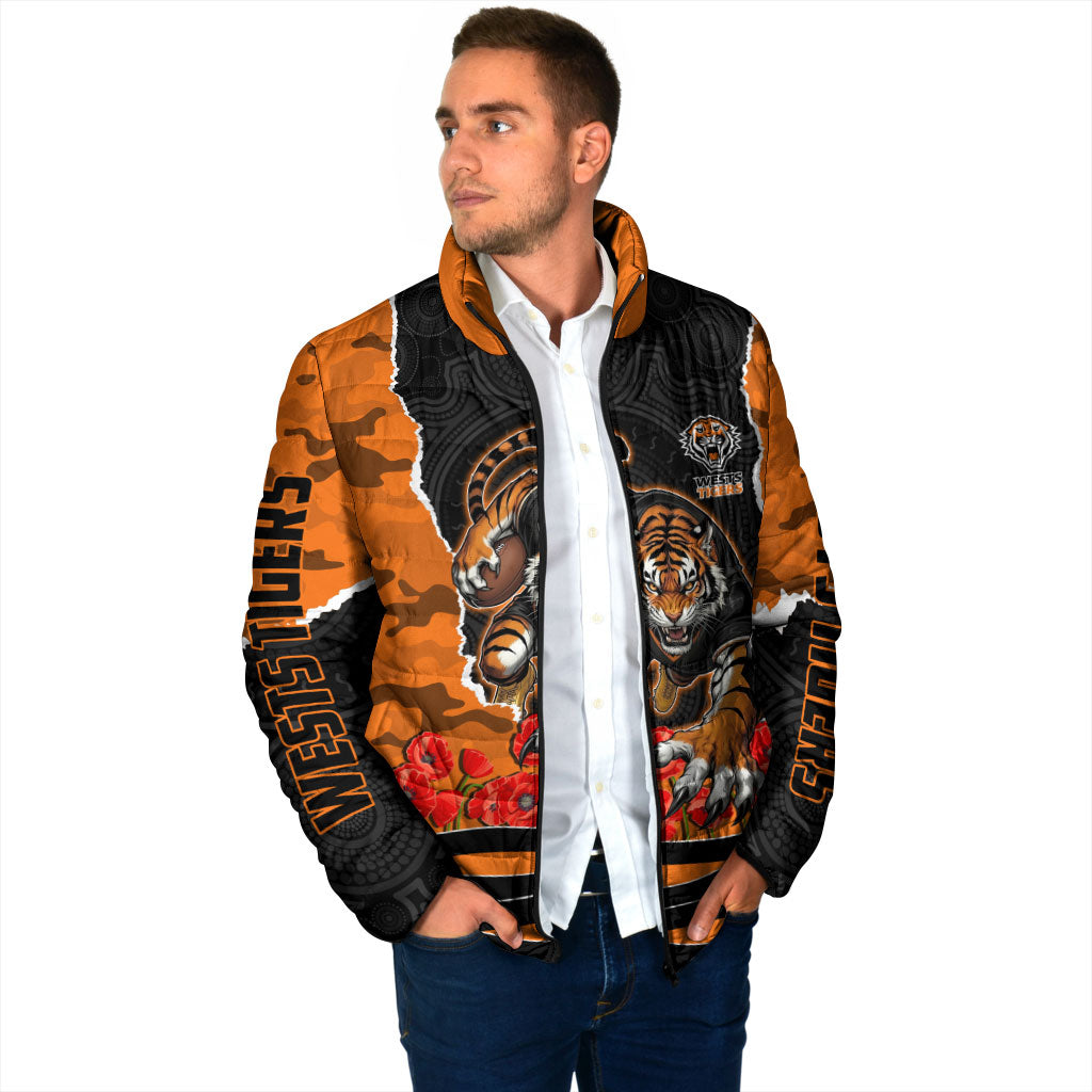 Personalized Wests Tigers ANZAC Tribute Padded Jacket Poppy Field Soldier Silhouette Aboriginal Rugby Mascot