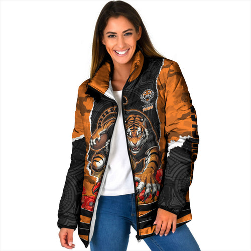 Personalized Wests Tigers ANZAC Tribute Padded Jacket Poppy Field Soldier Silhouette Aboriginal Rugby Mascot