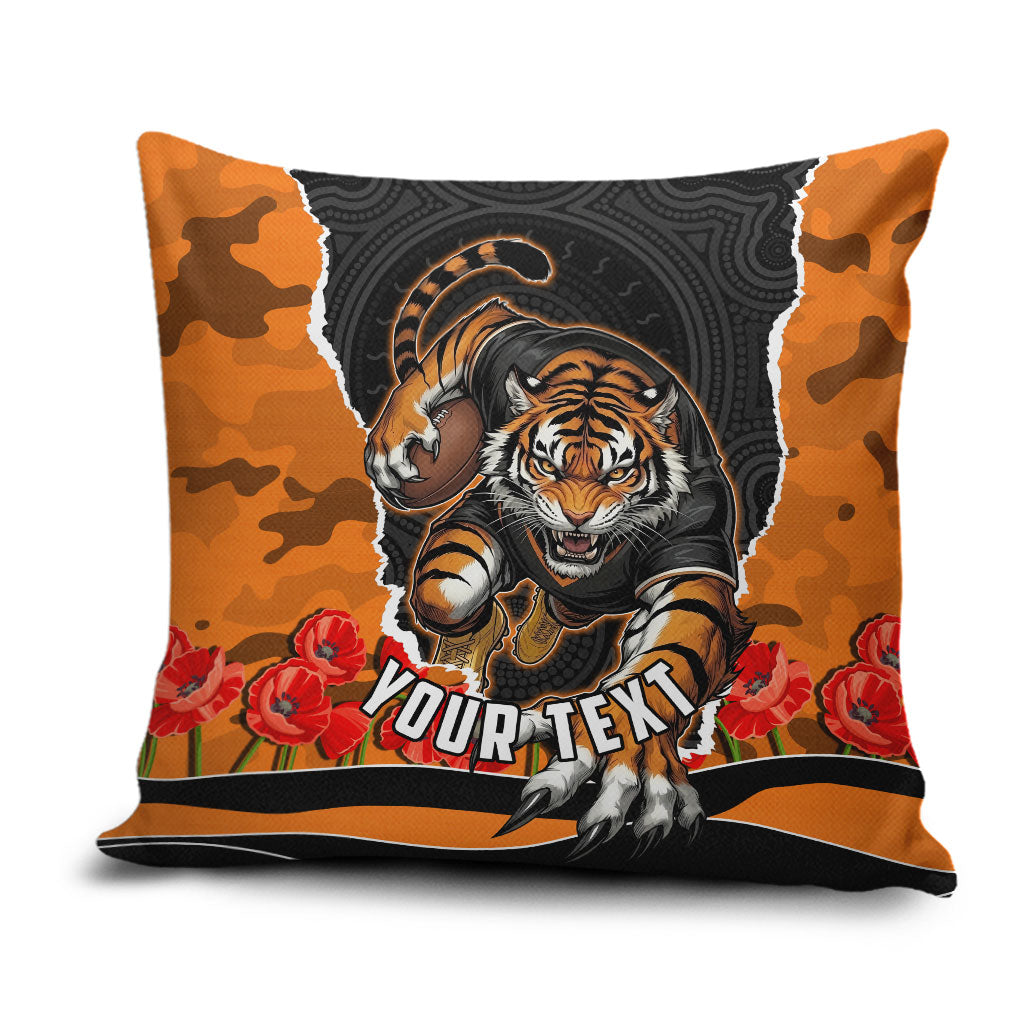 Personalized Wests Tigers ANZAC Tribute Pillow Cover Poppy Field Soldier Silhouette Aboriginal Rugby Mascot