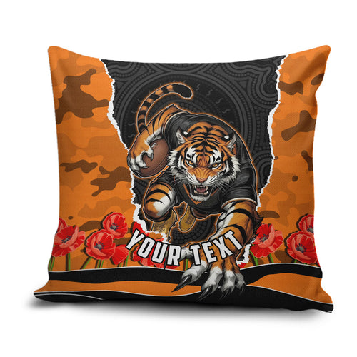 Personalized Wests Tigers ANZAC Tribute Pillow Cover Poppy Field Soldier Silhouette Aboriginal Rugby Mascot