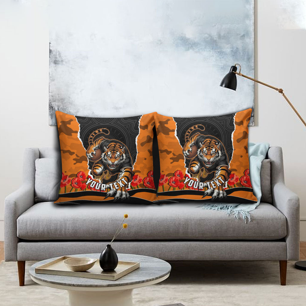 Personalized Wests Tigers ANZAC Tribute Pillow Cover Poppy Field Soldier Silhouette Aboriginal Rugby Mascot