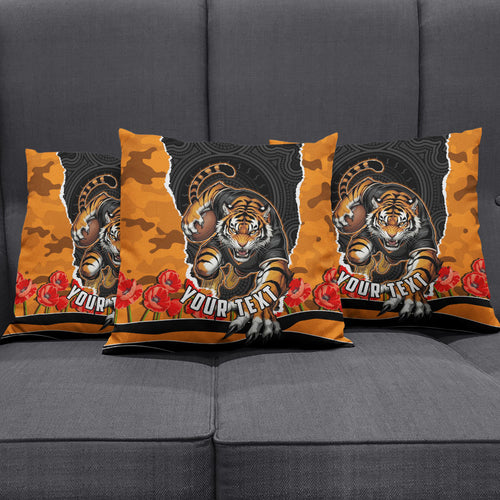 Personalized Wests Tigers ANZAC Tribute Pillow Cover Poppy Field Soldier Silhouette Aboriginal Rugby Mascot