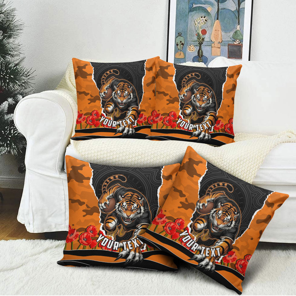Personalized Wests Tigers ANZAC Tribute Pillow Cover Poppy Field Soldier Silhouette Aboriginal Rugby Mascot