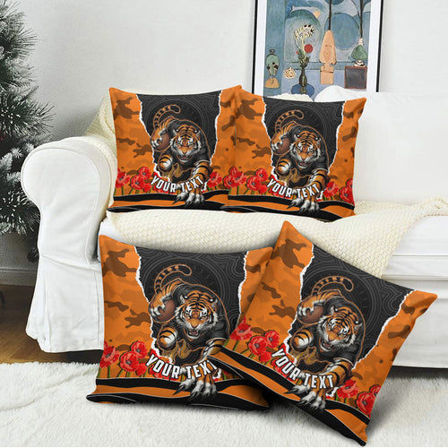Personalized Wests Tigers ANZAC Tribute Pillow Cover Poppy Field Soldier Silhouette Aboriginal Rugby Mascot