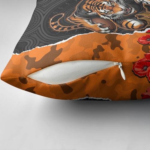 Personalized Wests Tigers ANZAC Tribute Pillow Cover Poppy Field Soldier Silhouette Aboriginal Rugby Mascot