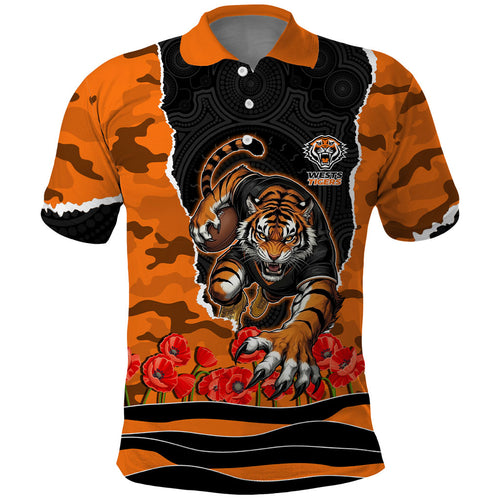 Personalized Wests Tigers ANZAC Tribute Polo Shirt Poppy Field Soldier Silhouette Aboriginal Rugby Mascot