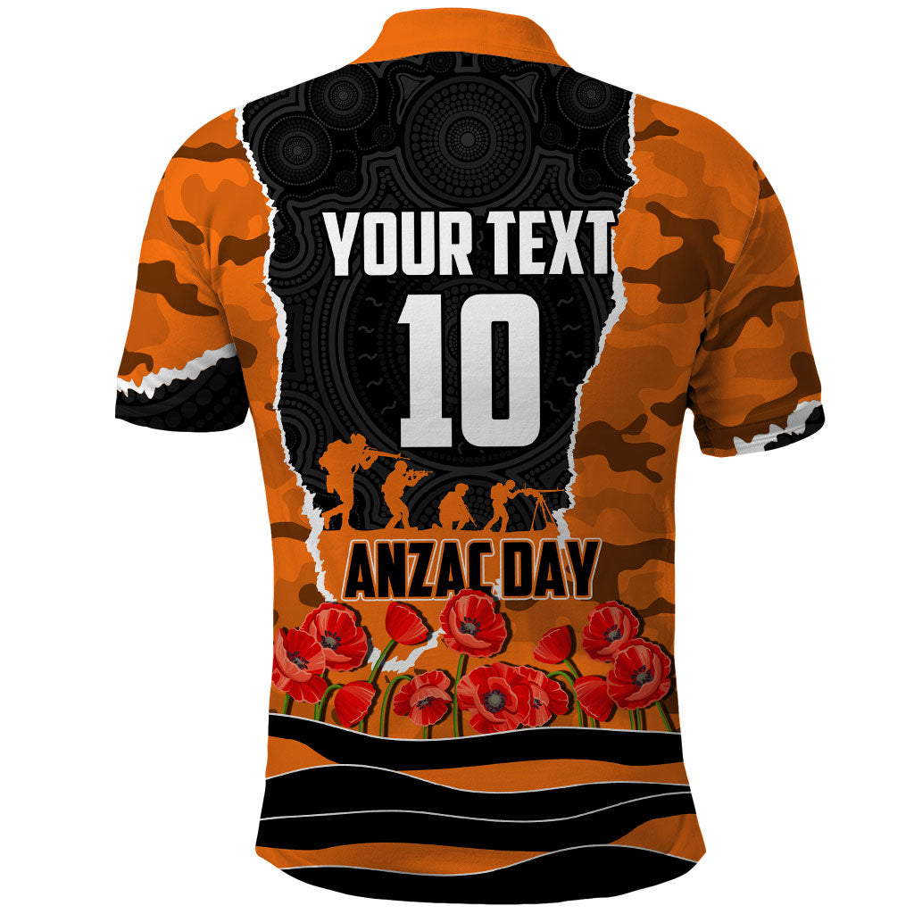 Personalized Wests Tigers ANZAC Tribute Polo Shirt Poppy Field Soldier Silhouette Aboriginal Rugby Mascot