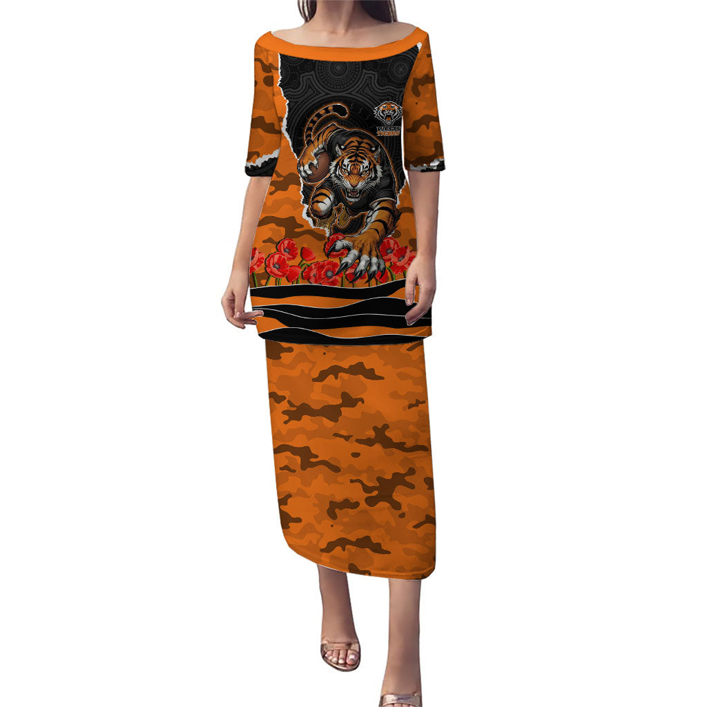 Personalized Wests Tigers ANZAC Tribute Puletasi Poppy Field Soldier Silhouette Aboriginal Rugby Mascot