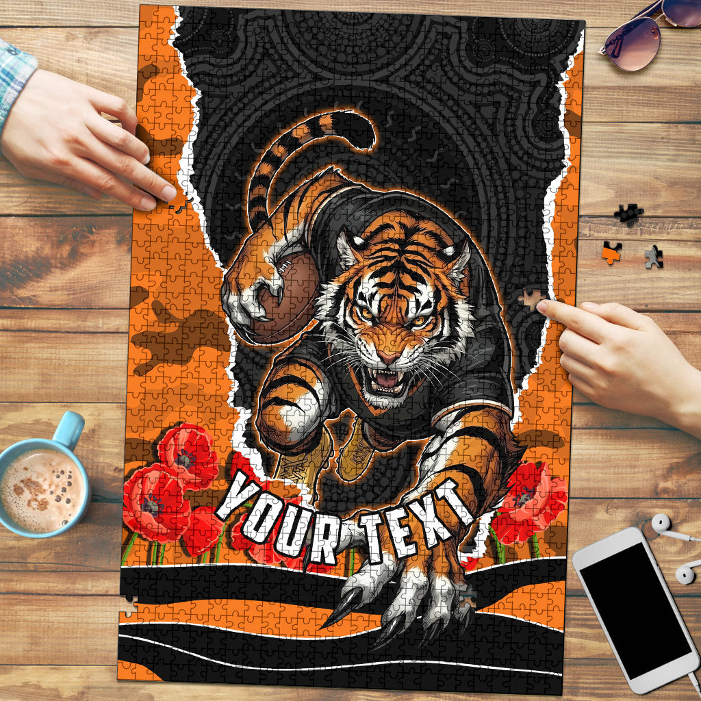 Personalized Wests Tigers ANZAC Tribute Puzzle Poppy Field Soldier Silhouette Aboriginal Rugby Mascot