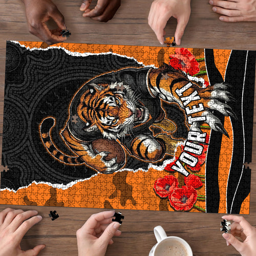 Personalized Wests Tigers ANZAC Tribute Puzzle Poppy Field Soldier Silhouette Aboriginal Rugby Mascot
