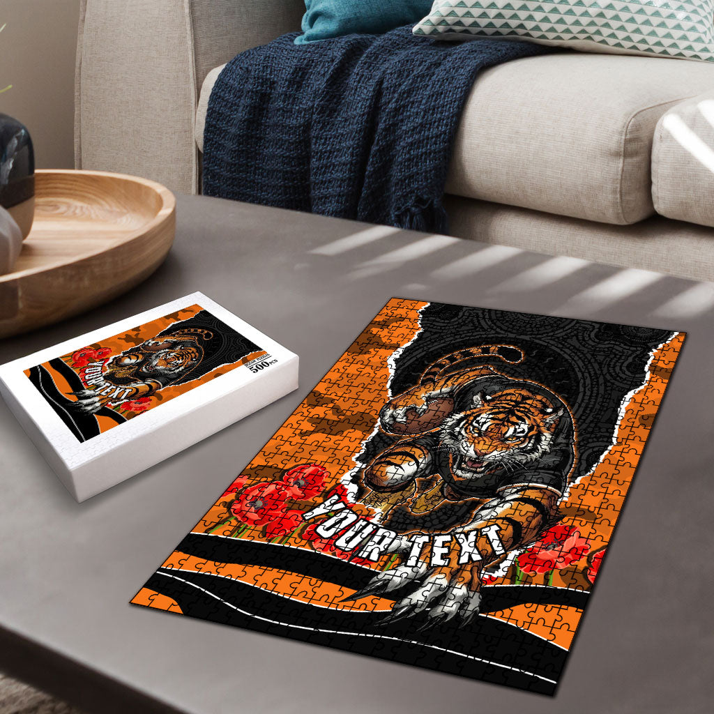 Personalized Wests Tigers ANZAC Tribute Puzzle Poppy Field Soldier Silhouette Aboriginal Rugby Mascot