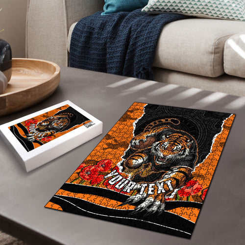 Personalized Wests Tigers ANZAC Tribute Puzzle Poppy Field Soldier Silhouette Aboriginal Rugby Mascot