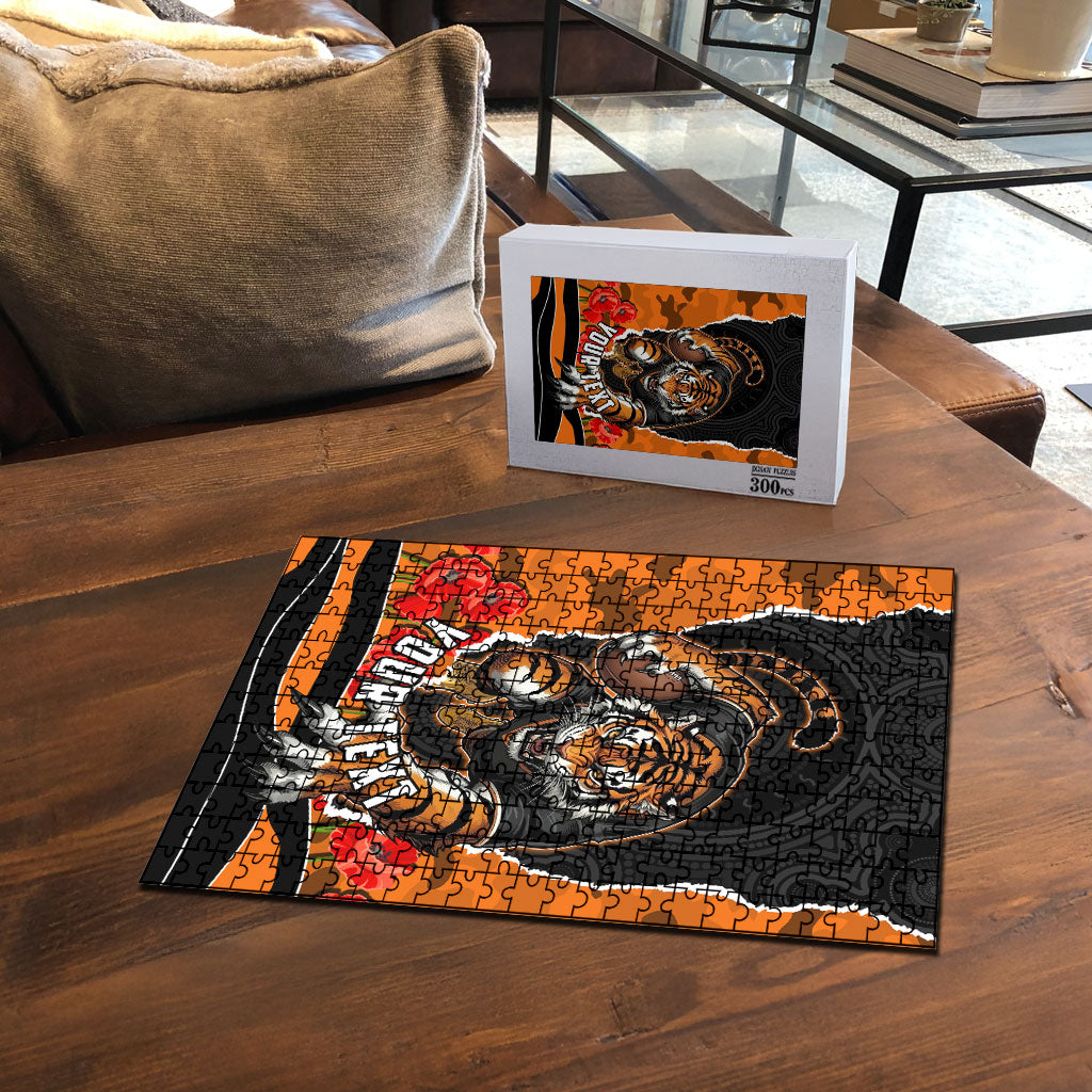 Personalized Wests Tigers ANZAC Tribute Puzzle Poppy Field Soldier Silhouette Aboriginal Rugby Mascot