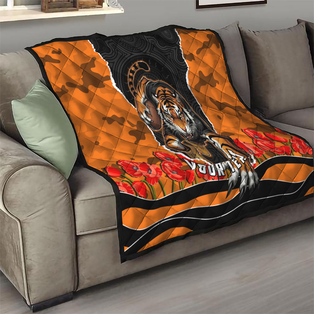 Personalized Wests Tigers ANZAC Tribute Quilt Poppy Field Soldier Silhouette Aboriginal Rugby Mascot