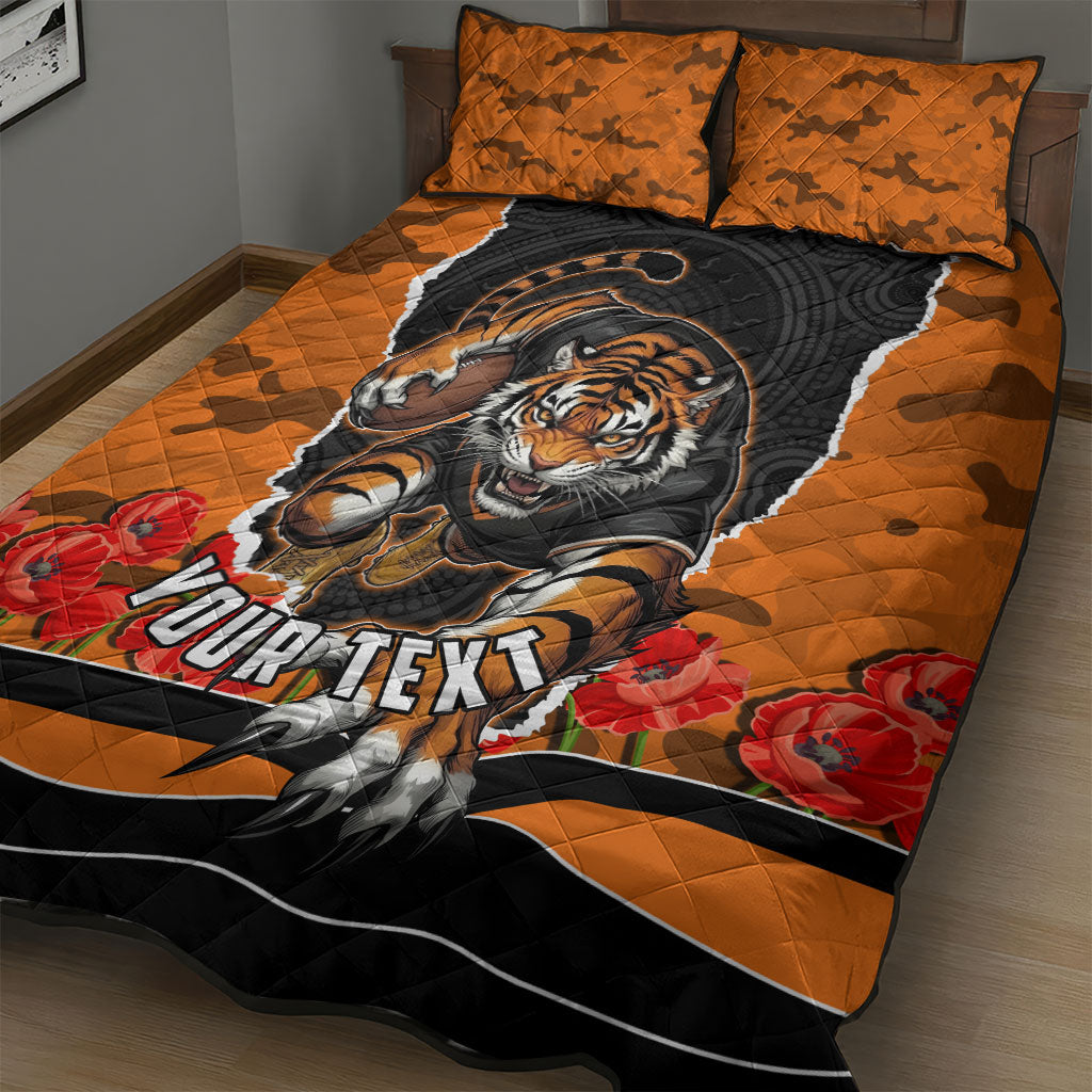 Personalized Wests Tigers ANZAC Tribute Quilt Bed Set Poppy Field Soldier Silhouette Aboriginal Rugby Mascot