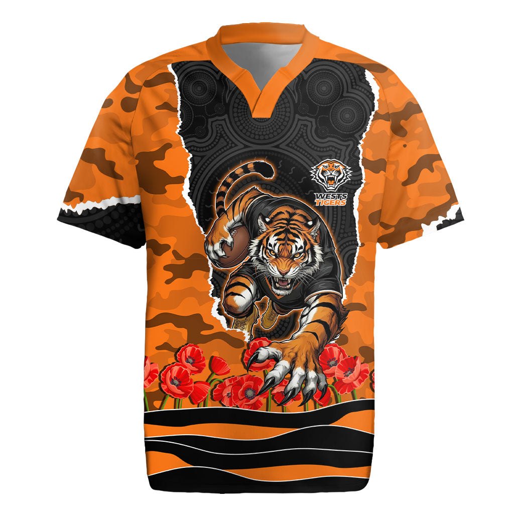 Personalized Wests Tigers ANZAC Tribute Rugby Jersey Poppy Field Soldier Silhouette Aboriginal Rugby Mascot