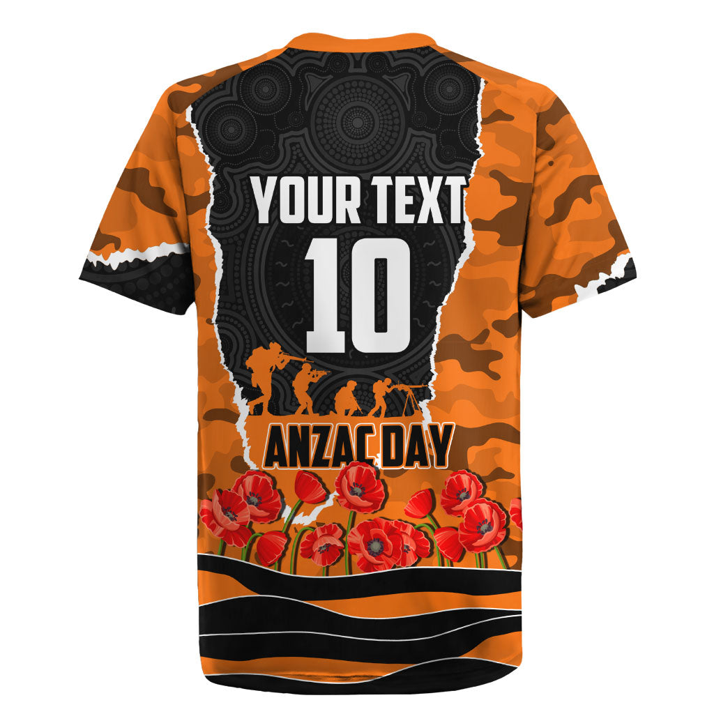Personalized Wests Tigers ANZAC Tribute Rugby Jersey Poppy Field Soldier Silhouette Aboriginal Rugby Mascot