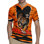 Personalized Wests Tigers ANZAC Tribute Rugby Jersey Poppy Field Soldier Silhouette Aboriginal Rugby Mascot