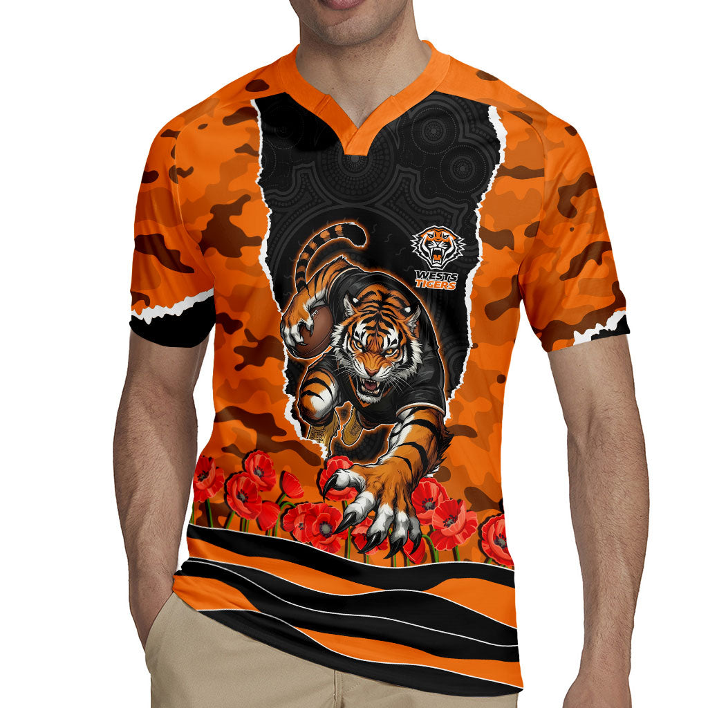 Personalized Wests Tigers ANZAC Tribute Rugby Jersey Poppy Field Soldier Silhouette Aboriginal Rugby Mascot