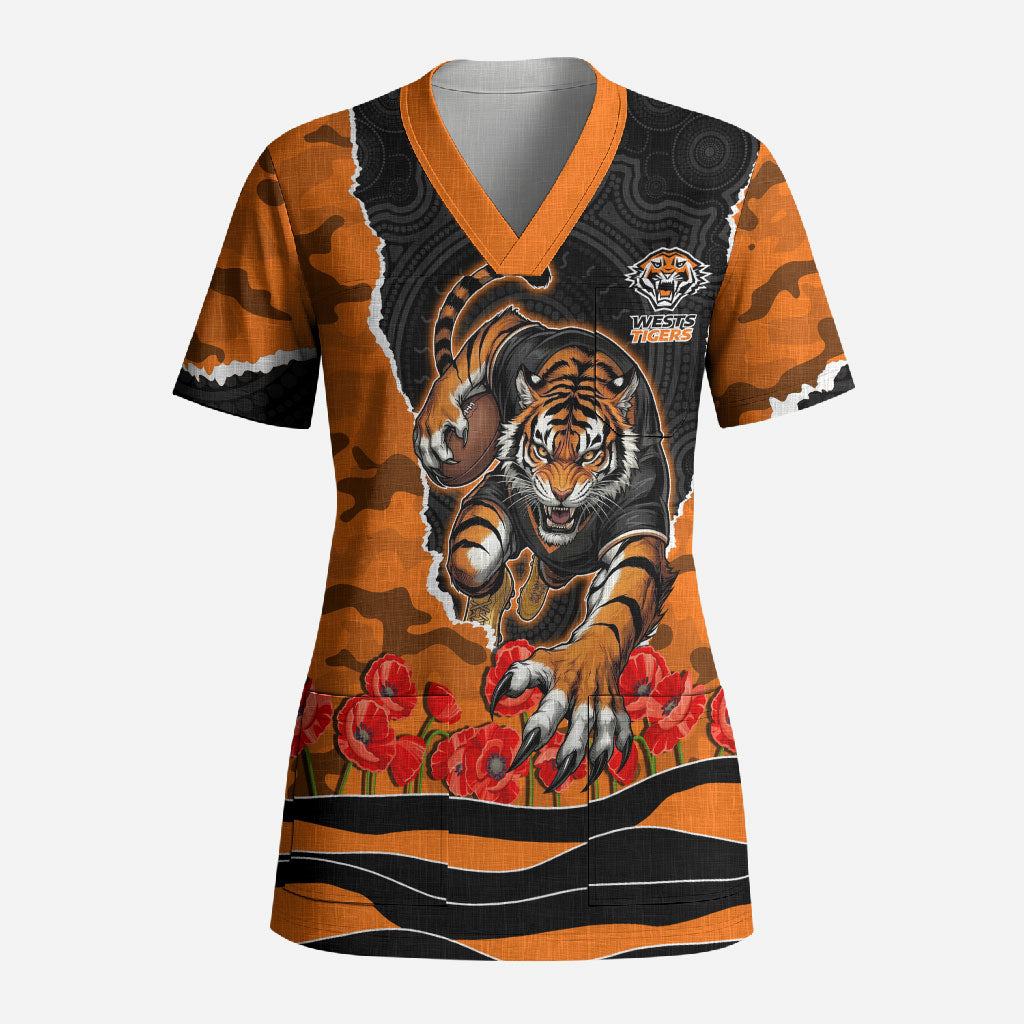 Personalized Wests Tigers ANZAC Tribute Scrub Top Poppy Field Soldier Silhouette Aboriginal Rugby Mascot