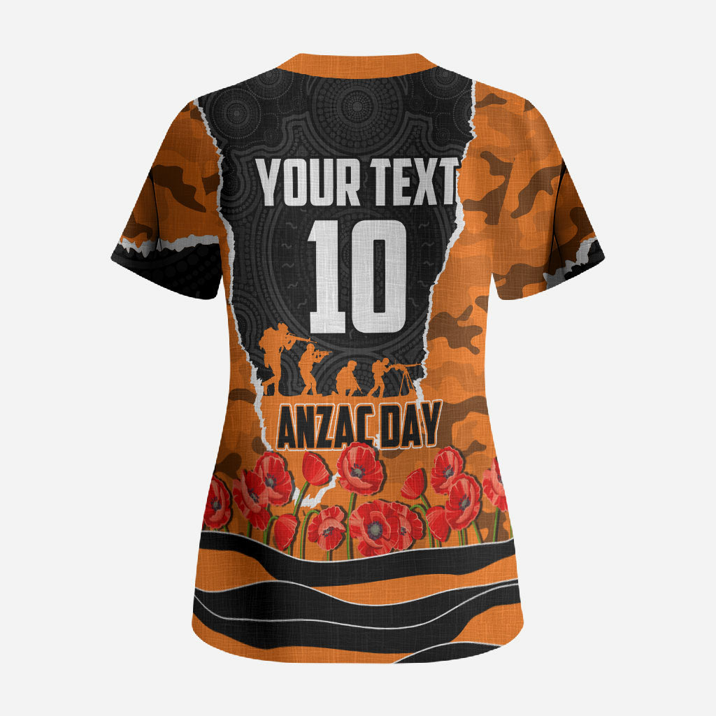 Personalized Wests Tigers ANZAC Tribute Scrub Top Poppy Field Soldier Silhouette Aboriginal Rugby Mascot