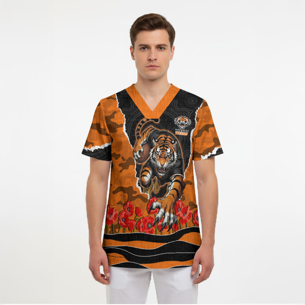Personalized Wests Tigers ANZAC Tribute Scrub Top Poppy Field Soldier Silhouette Aboriginal Rugby Mascot