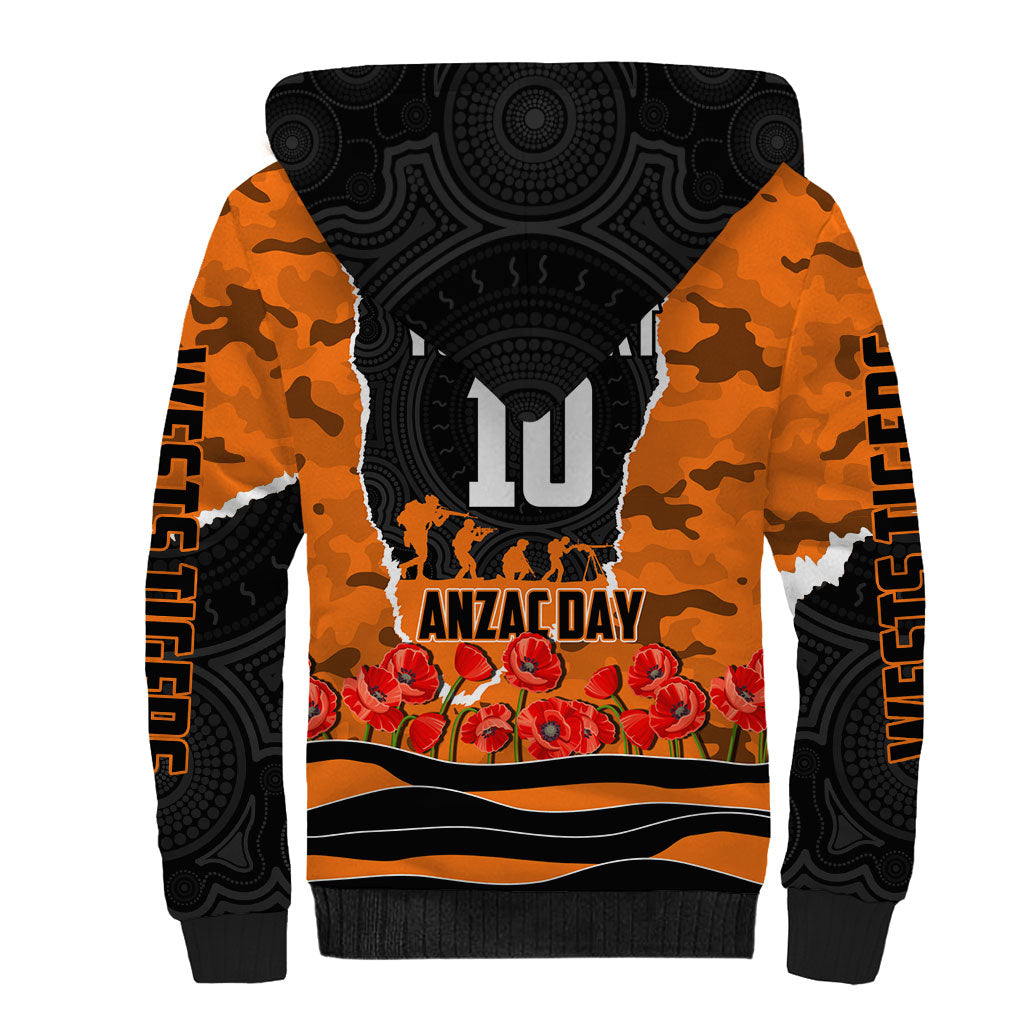 Personalized Wests Tigers ANZAC Tribute Sherpa Hoodie Poppy Field Soldier Silhouette Aboriginal Rugby Mascot